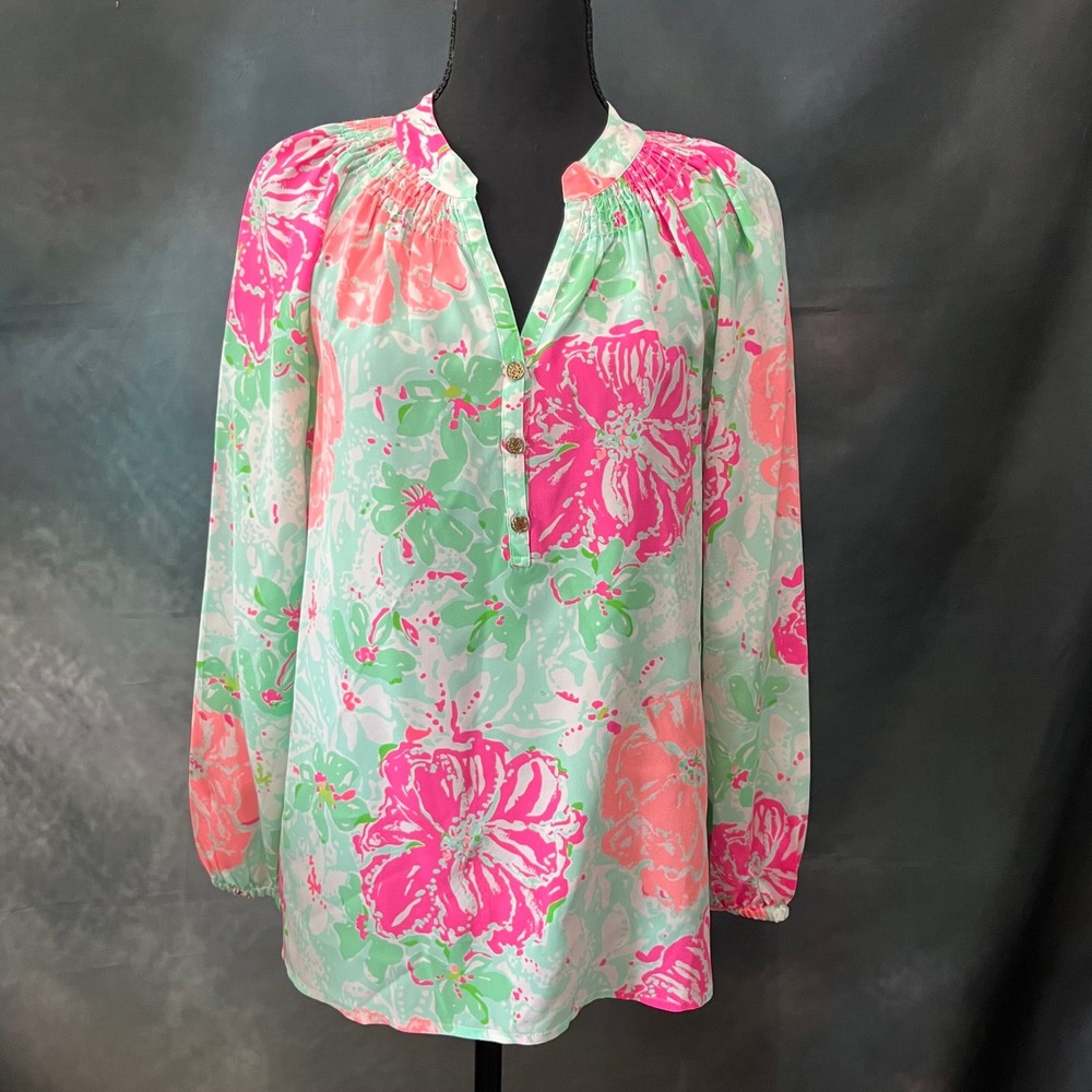 Lilly Pulitzer Elsa Top Womens Small Pink Mint Green Floral 100% Silk Blouse